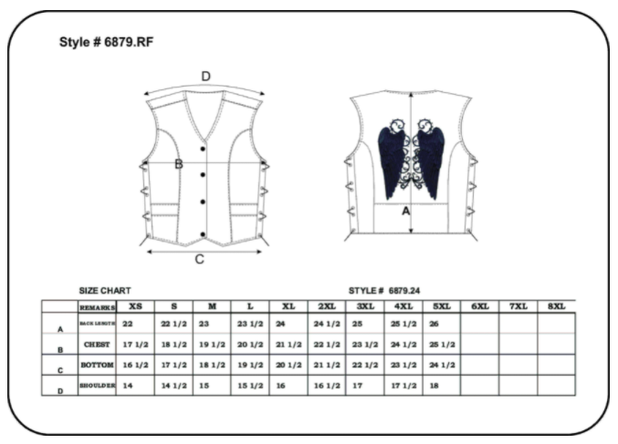 Size chart for women's leather vest with reflective tribal black wings.