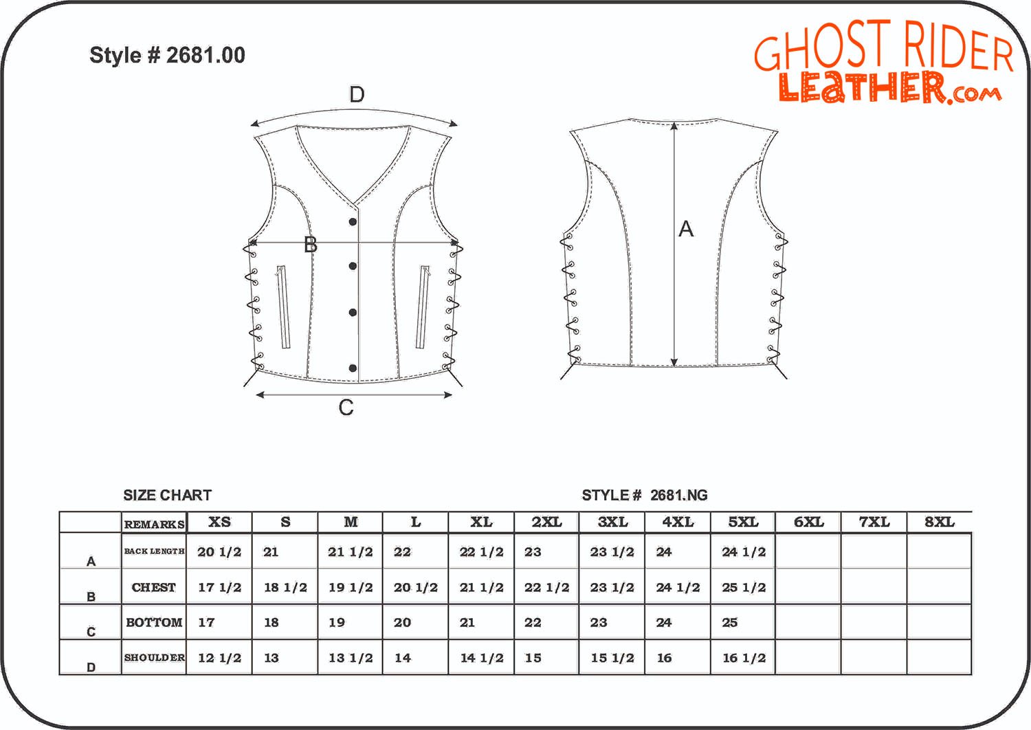 Size chart for women's leather vest with USA flag liner.