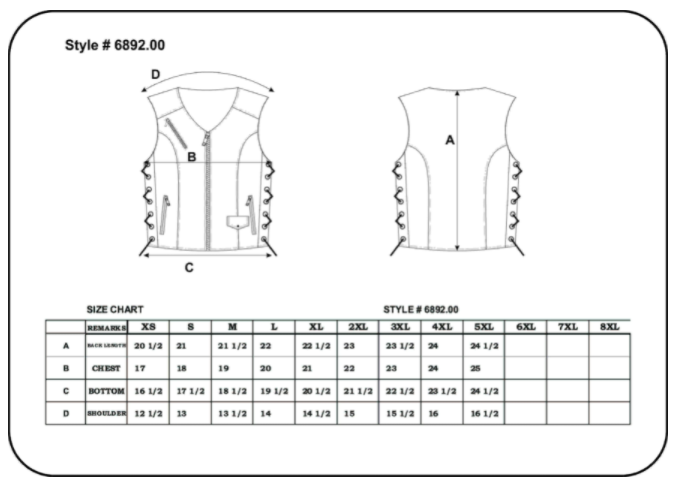Size chart for women's leather vest with zipper pockets.