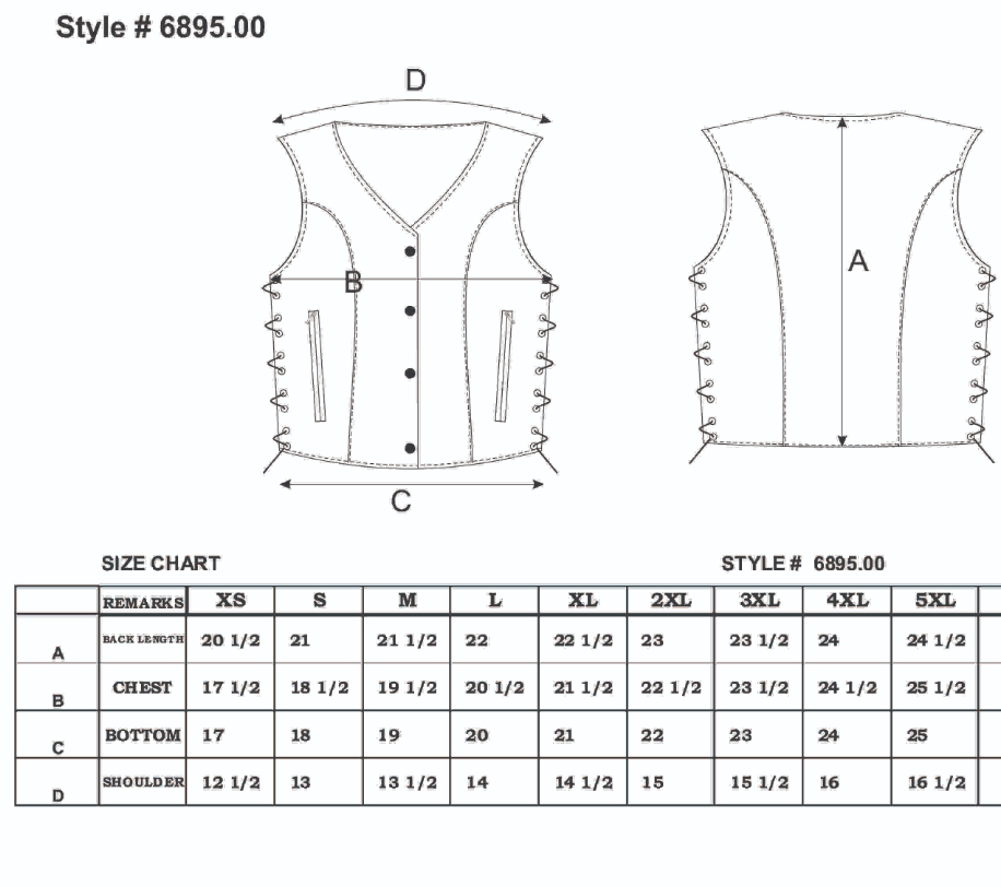 Size chart for women's leather motorcycle vest.