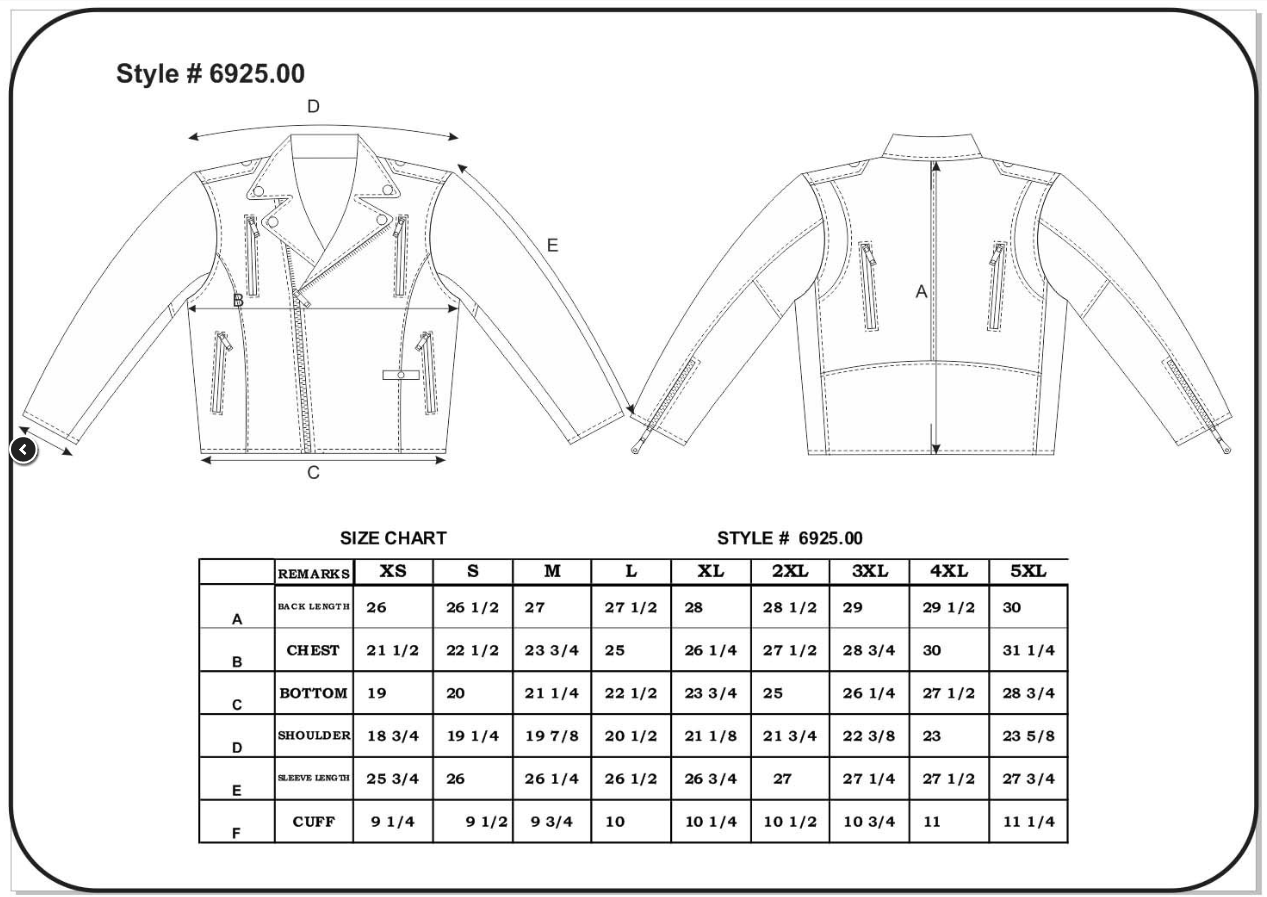 Size chart for men's leather motorcycle jacket with hoodie.