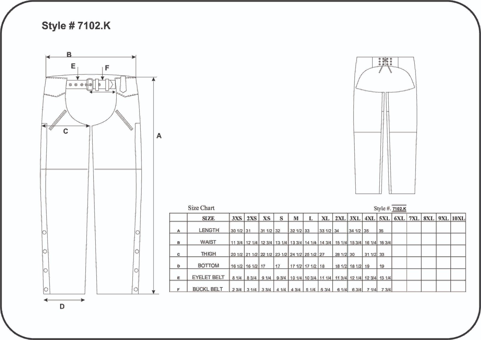 Size chart for unisex premium leather motorcycle chaps with deep pockets.