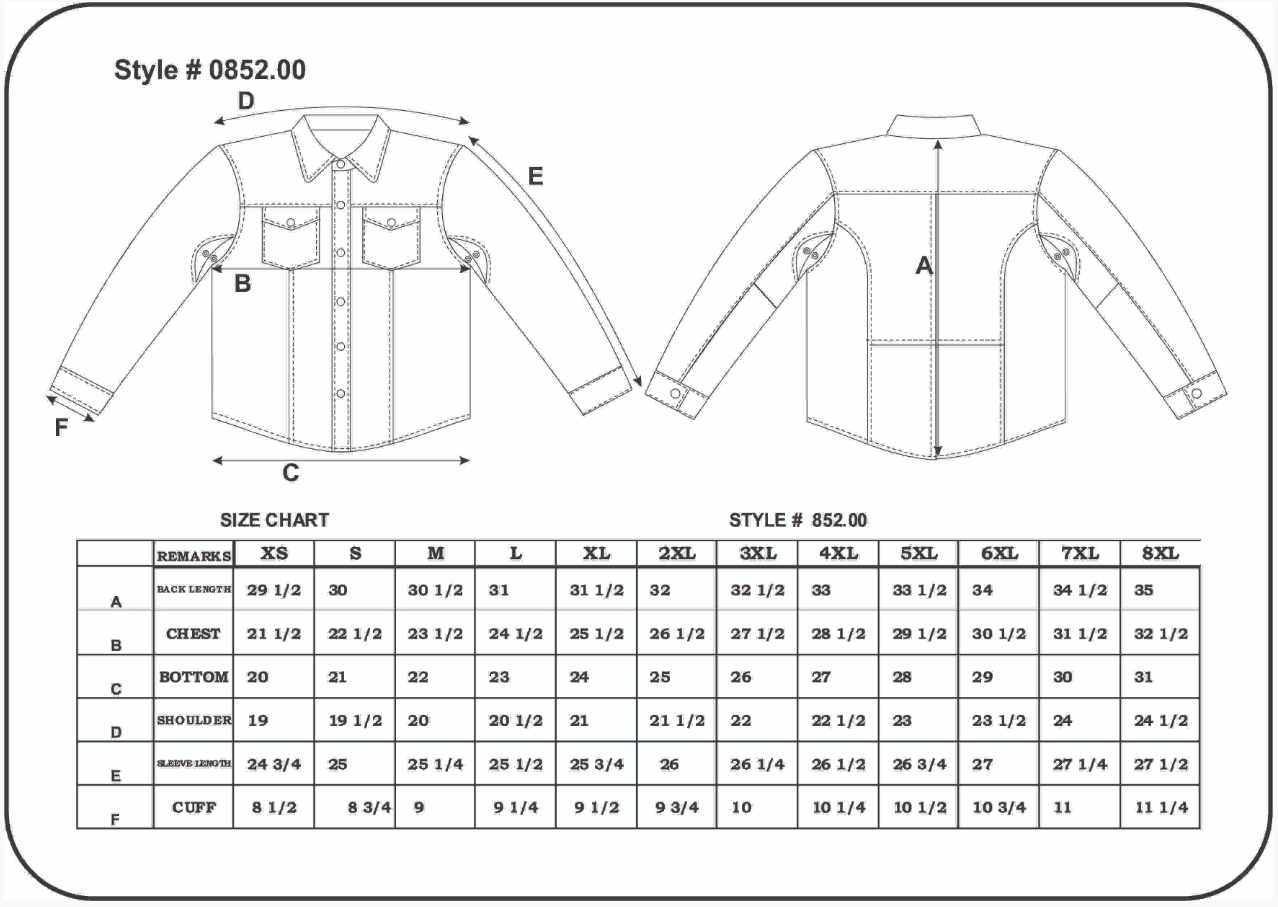 Size chart for men's leather motorcycle shirt.