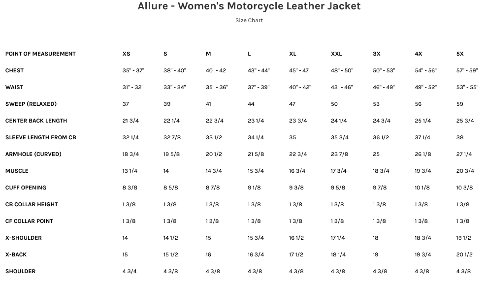 Size Chart for Allure Women's Leather Motorcycle Jacket