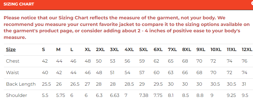 Size chart for men's leather motorcycle vest.