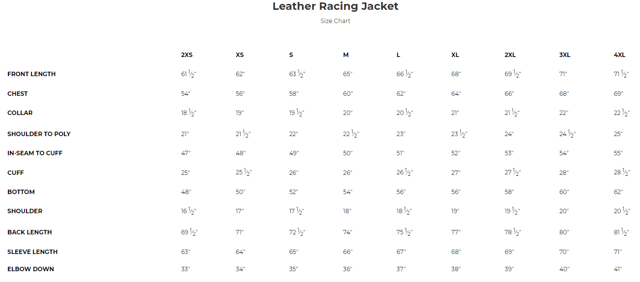 Size chart for men's powersports leather racing jacket in red and black.