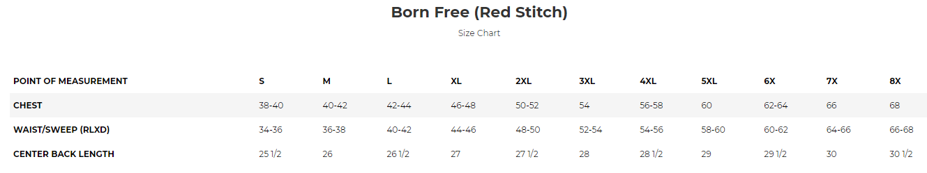 Size chart for men's born free leather motorcycle vest with USA flag lining.