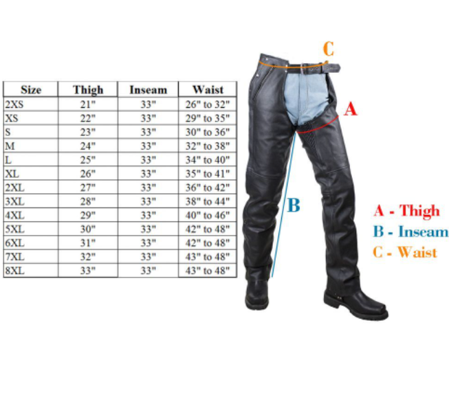 Size chart for men's leather motorcycle chaps.