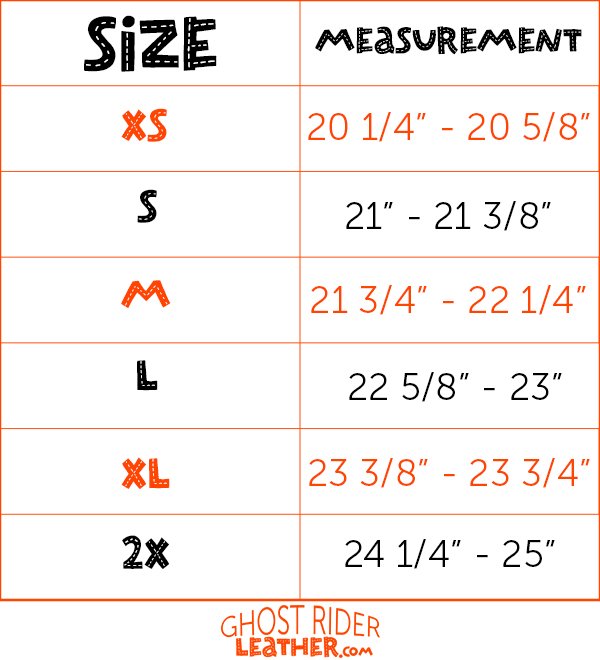 Size chart for DL motorcycle helmets.