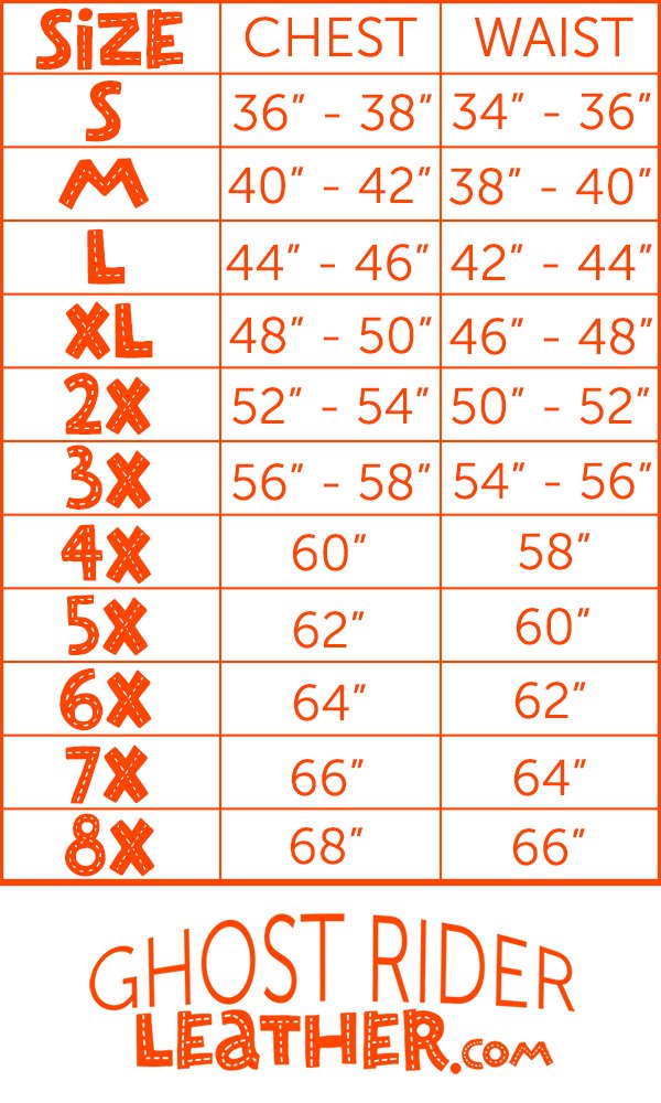 Size chart for DL men's leather jackets and vests.