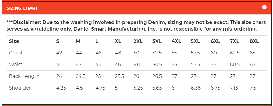 Size chart for men's denim vest with side laces.