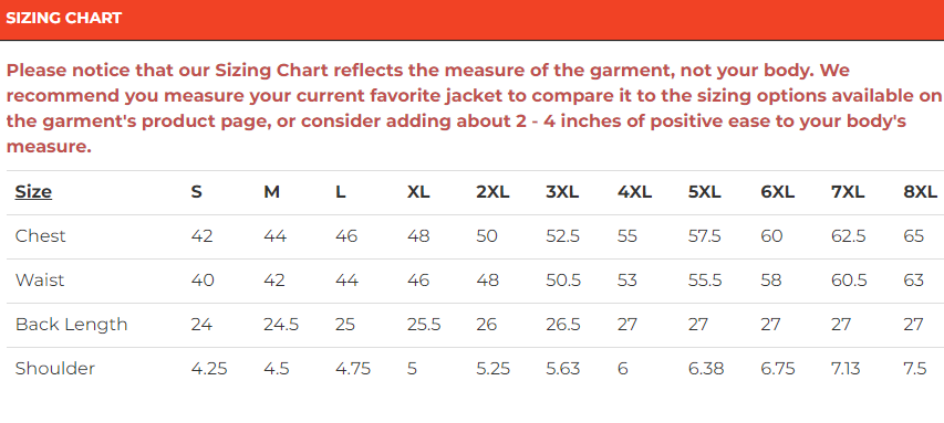 Size chart for men's gray leather motorcycle vest with side laces.