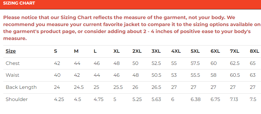 Size chart for men's buffalo nickel leather motorcycle vest.