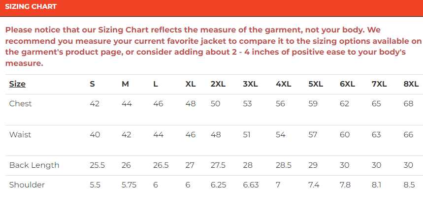 Size chart for men's leather vest with American flag lining.
