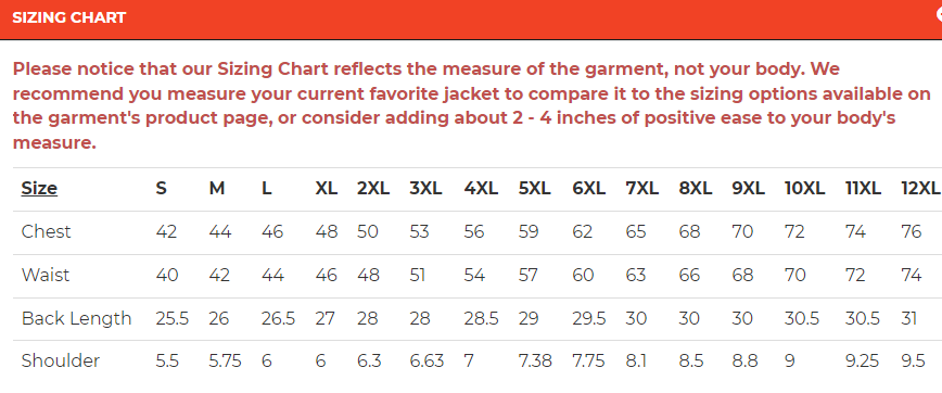 Size chart for men's leather motorcycle vest with removable hoodie.
