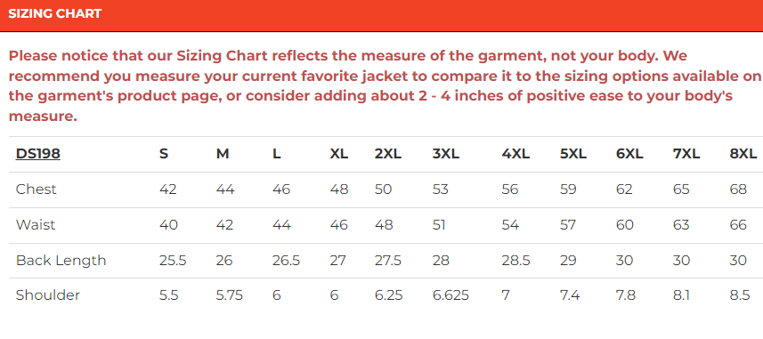 Size chart for men's leather motorcycle vest.