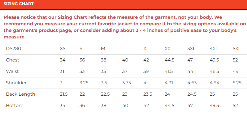 Size chart for women's leather motorcycle vest with side laces.