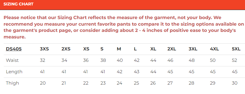 Size chart for men's leather chaps.