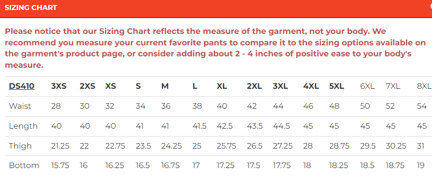 Size chart for men's leather chaps.