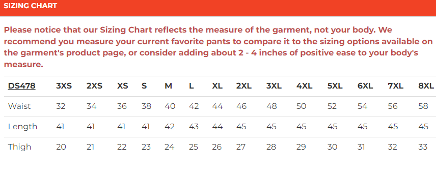 Size chart for men's leather chaps.