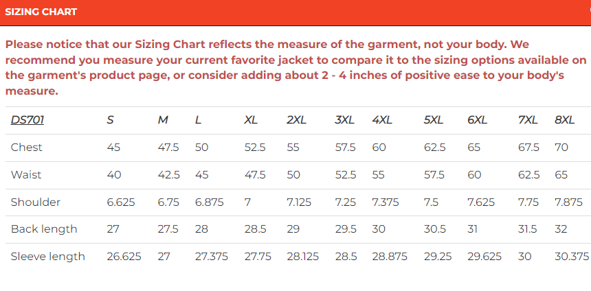Size chart for men's leather racer motorcycle jacket.