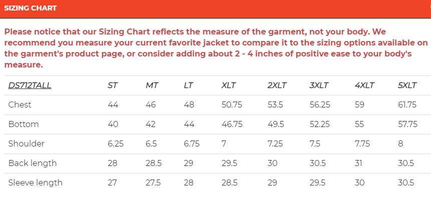 Size chart for men's police style leather motorcycle jacket in big and tall sizes.