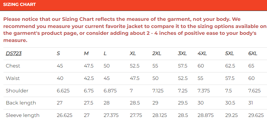 Size chart for men's reflective skull leather motorcycle jacket.
