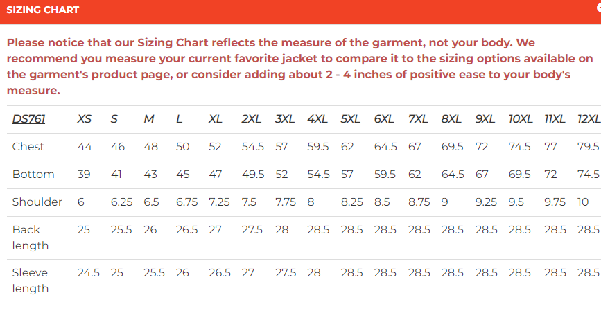 Size chart for men's armored leather motorcycle jacket.