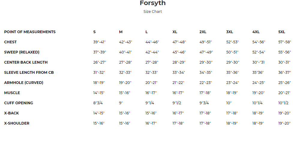 Size chart for Forsyth men's canvas motorcycle shirt.