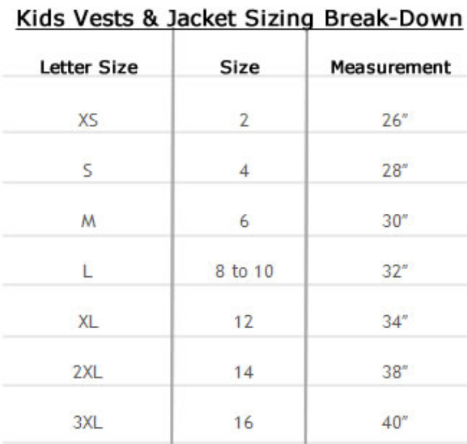 Size Chart Kids Motorcycle Jacket