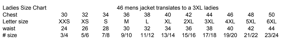 Size Chart for UNIK Ladies Lightweight Leather Jacket With Braid Design - 254-GO-UN