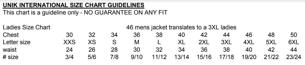 Size chart for women's leather shirt.