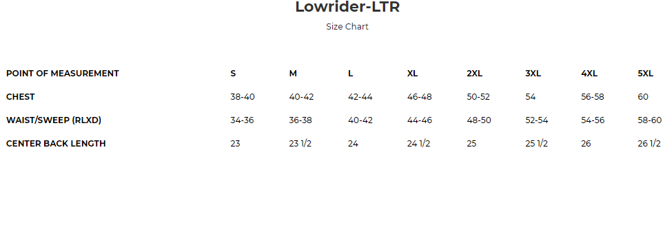 Size chart for Lowrider LTR men's leather motorcycle club vest.