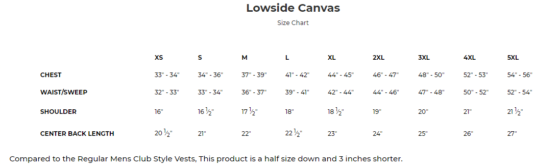 Size chart for men's tan canvas motorcycle vest, the Lowside.