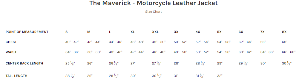 Size Chart for The Maverick Biker Leather Jacket