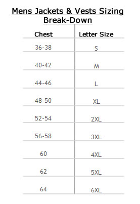 Size chart for men's leather pullover shirt.