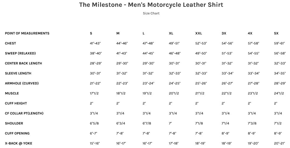 Size Chart for the Milestone - Men's Leather Motorcycle Shirt