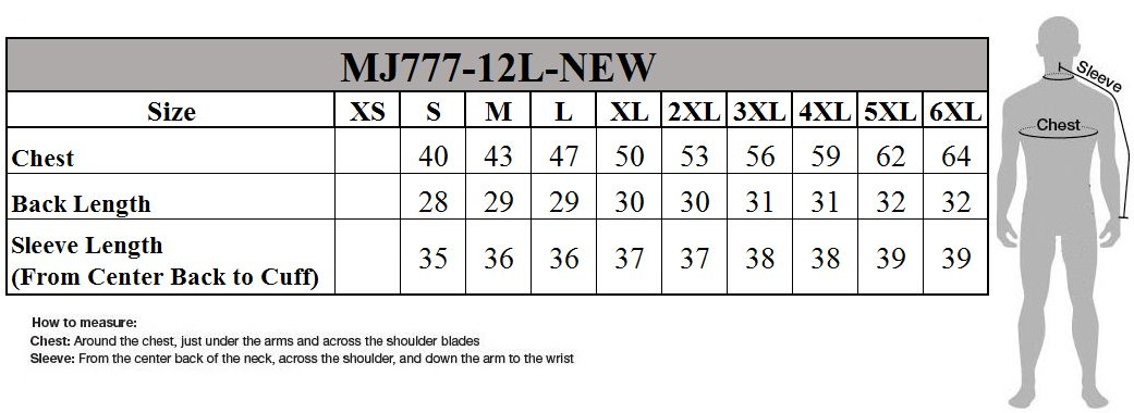 Size chart for men's new distressed brown leather shirt for motorcycles.