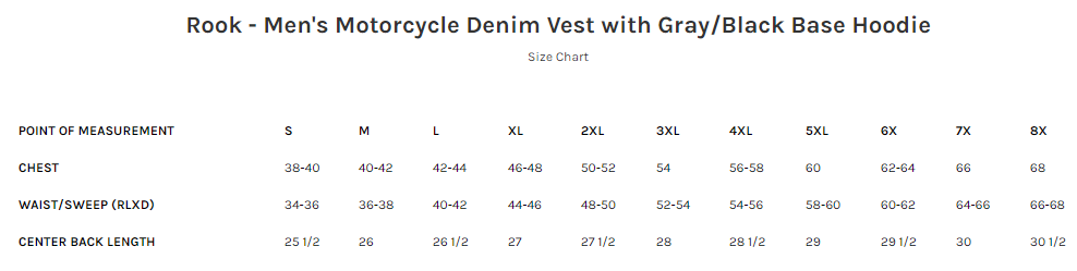 Size Chart for Rook - Men's Motorcycle Denim Vest with Gray/Black Base Hoodie