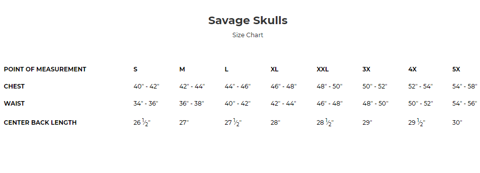 Size chart for men's leather motorcycle jacket. Savage Skulls.