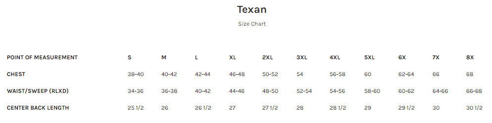Size Chart for the Texan - Best Western Style Leather Motorcycle Vest in Brown or Black Leather.
