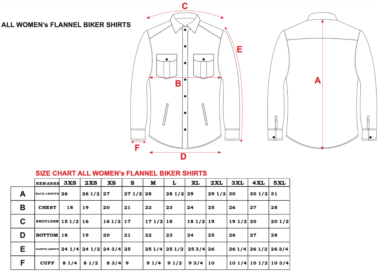 Size chart for women's armored flannel motorcycle shirts.