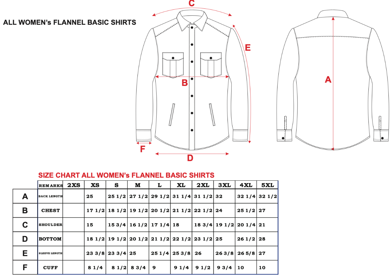 Size chart for women's flannel motorcycle shirts.